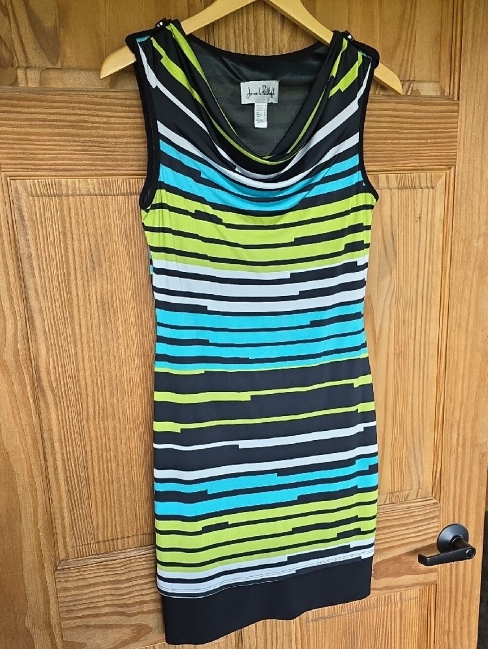 Joseph Ribkoff Black Tank Dress with Lime Green White & Teal Stripes Size 8